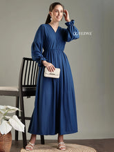 YEZWE navy blue modest maxi dress with long sleeves and a flattering V-neckline